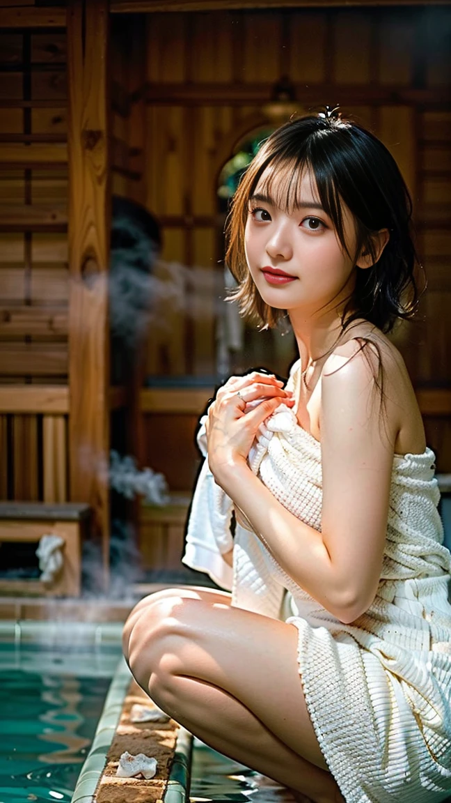 (((Point your butt at the camera:1.8))), ((Towel Tube Top:1.5)), ((wariza:1.8)), (hot onsen:1.8, outdoor bath:1.8), (ssmile:1.8), 1girl in, 独奏, 18year old, 7headed body, Ideal ratio body proportions, erectile nipple, short-hair, A dark-haired, With bangs, small tits, A slender, Small buttocks, beauty legs, Skinny Legs, surrealism, Cinematic lighting, depth of fields, One-person viewpoint, F/1.8, 135 mm, nffsw, masutepiece, ccurate, ((Anatomically correct:1.3)), Textured skin, Super Detail, high details, High quality, awardwinning, Best Quality, hight resolution, 8K