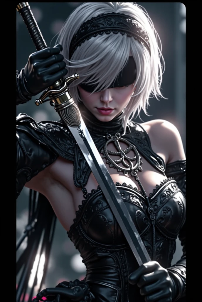 1 girl, heavy goth makeup, white hair, fantasy character, cyberpunk horror, dark fantasy, navel, gothic mage, muscular abs, leather lace corset cropped top, leather pants, sensual