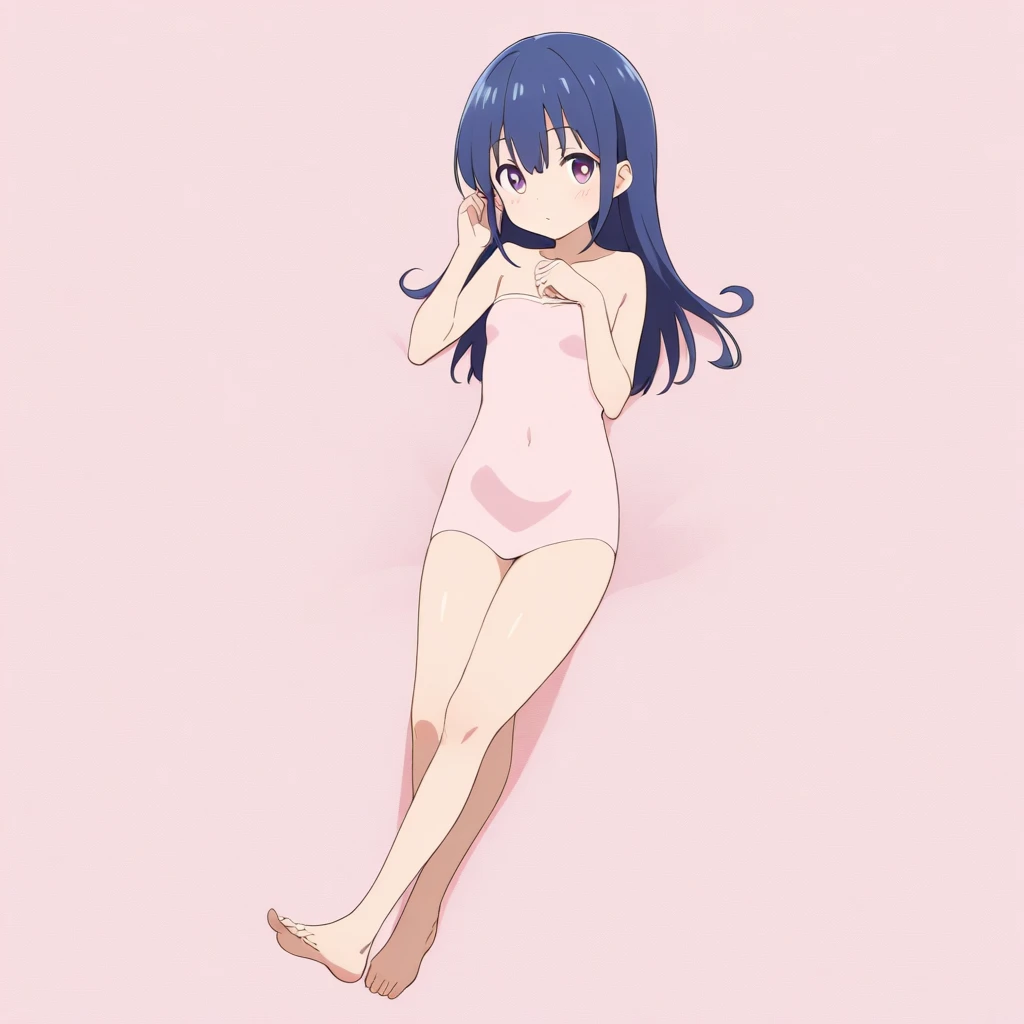 Purple eyes, purple hair, short hair, naked, smoll stature, beach, flat tits, cheast flat, show pussy, tongue out, ahegao face