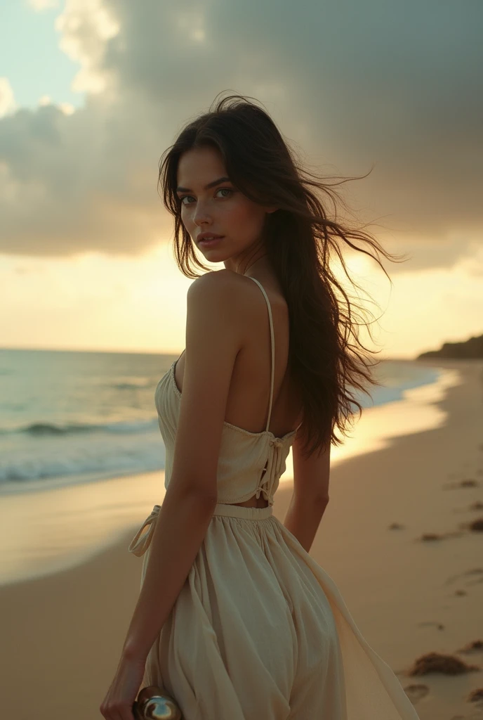 Adriana Lima, thick brown hair, hot , Ukrainian girl, wavy brown hair, Dasha Taran, pretty beautiful brunette, (solo one girl : 2.0),(Realistic:1.3), A beautiful redhead woman, waist-length hair, spectacular body, with a summer dress with light transparencies, that mark her delicate figure, She walks barefoot along a lonely beach at sunset while watching in amazement and touching her hair on the ground in the wind., the Holy Trinity, anchored close to the beach, at the foot of a large ravine, elevated by a powerful walled castle that defends the entrance of ships to the beach, 8k, hyperrealistic, detailed, panoramic , side view,