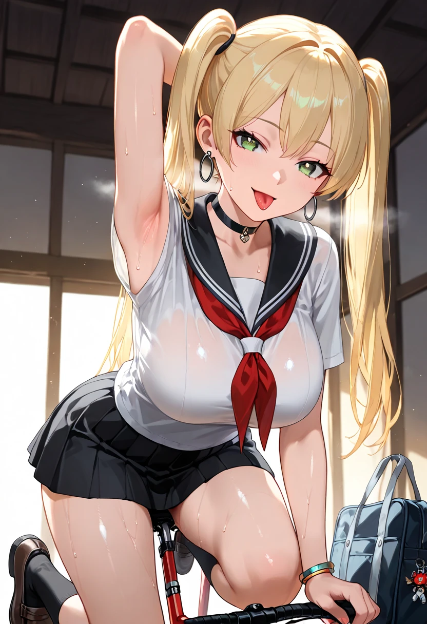 (( close、16K、Highest quality、Attention to detail、Rich skin detail, Browsing Caution、Chubby))、 (Beautiful Eyes), ((Huge breasts、Armpits、Hands behind head、Spreading her legs、Sitting、Sweat、vapor))、 ((Blonde、white high leg panties、Red ribbon))、(Cheerleader、Red short dress、Red mini skirt)、(blue eyes、Three white eyes)、((Twin tails、Long Hair、Straight hair)), ((blush))、(Wide Hips、Thick thighs)、((((One eye closed、smile、Embarrassing))))、((On stage))