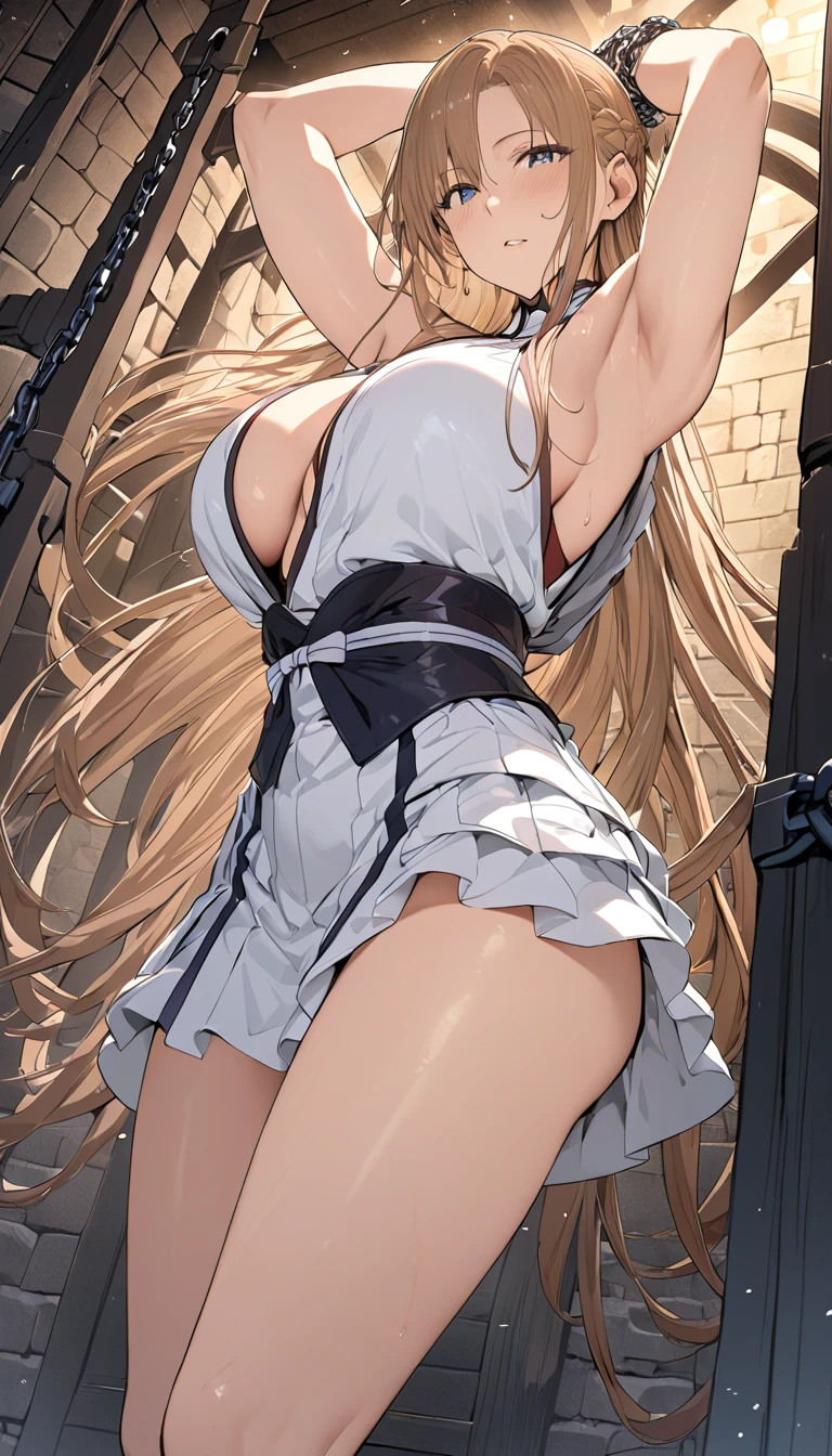 masterpiece, best quality, highres, hmmisaki, long hair, symbol-shaped pupils, +_+, large breasts, white gloves, elbow gloves, white thighhighs, smile, Red Chinese Dress service (Bathhouse) Big Breasts++++ Thick thighs Bright light