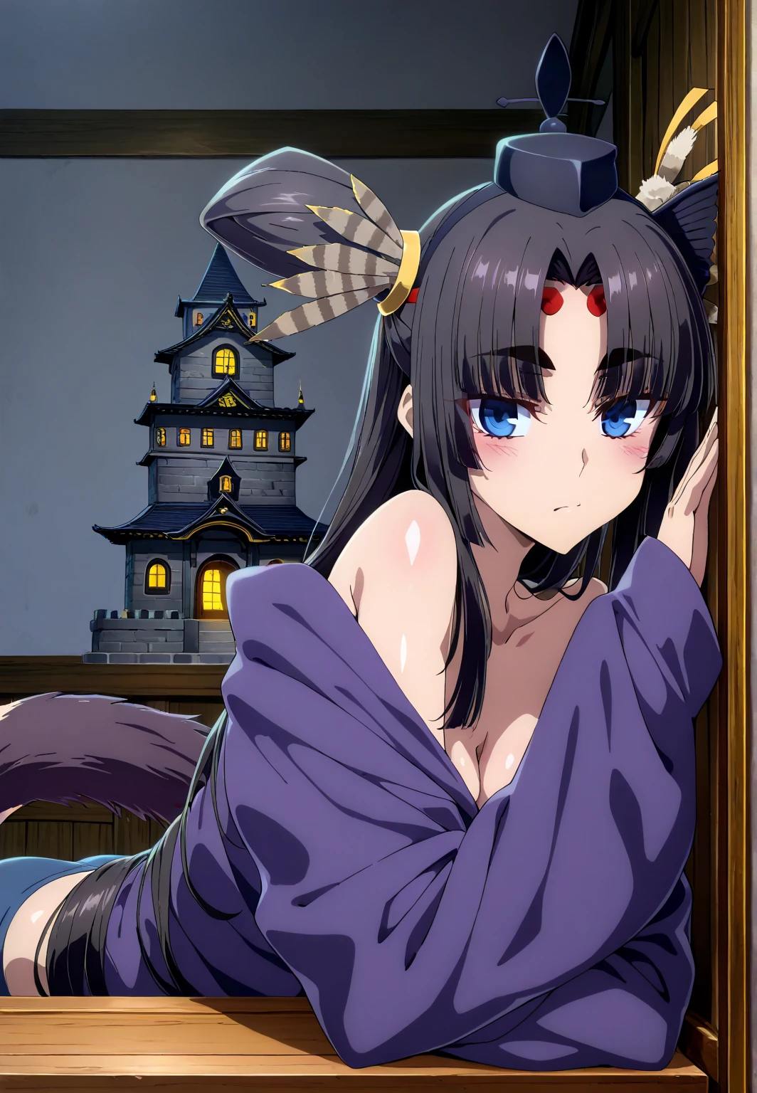 (absurdres, highres, ultra detailed), close-up of face, emphasis on face, focus on face, one woman, mature woman, aged, long straight hair, shiny beautiful hair, blue eyes, bangs, long sleeves, finely drawn eyes and detailed face, eye highlights, hands without breaks, rich Lighting, Highly detailed CG unified 8K wallpaper, Intricate details, Portrait, Gazing, Solo, Half shot, Fine drawn face, Soft smile, Dynamic pose, Classical period, (Ancient Japanese themed: 1.1), Japanese mythology, Fox ears, Japanese people, ruler, Blue kimono Japanese, Floral kimono, Ancient theme, (Prosperous Civilization: 1.1), Moon in background, (Immaculate: 1.1) shrine, Torii gate, Japanese landscape, Ancient city in background, Fox mask on head, Fantastic, dreamy, dancing lights, lantern, Austere, Night, Darkness, Stars, Portrait, Cinematic lighting