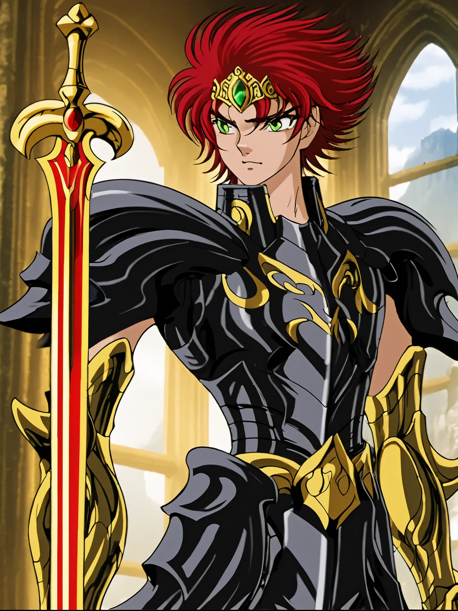 sozinho, homem, Anatomically correct, black armor with golden parts,red hair, short hair,GREEN EYES, golden diadem, holding a sword with a red blade, Windows XP background 