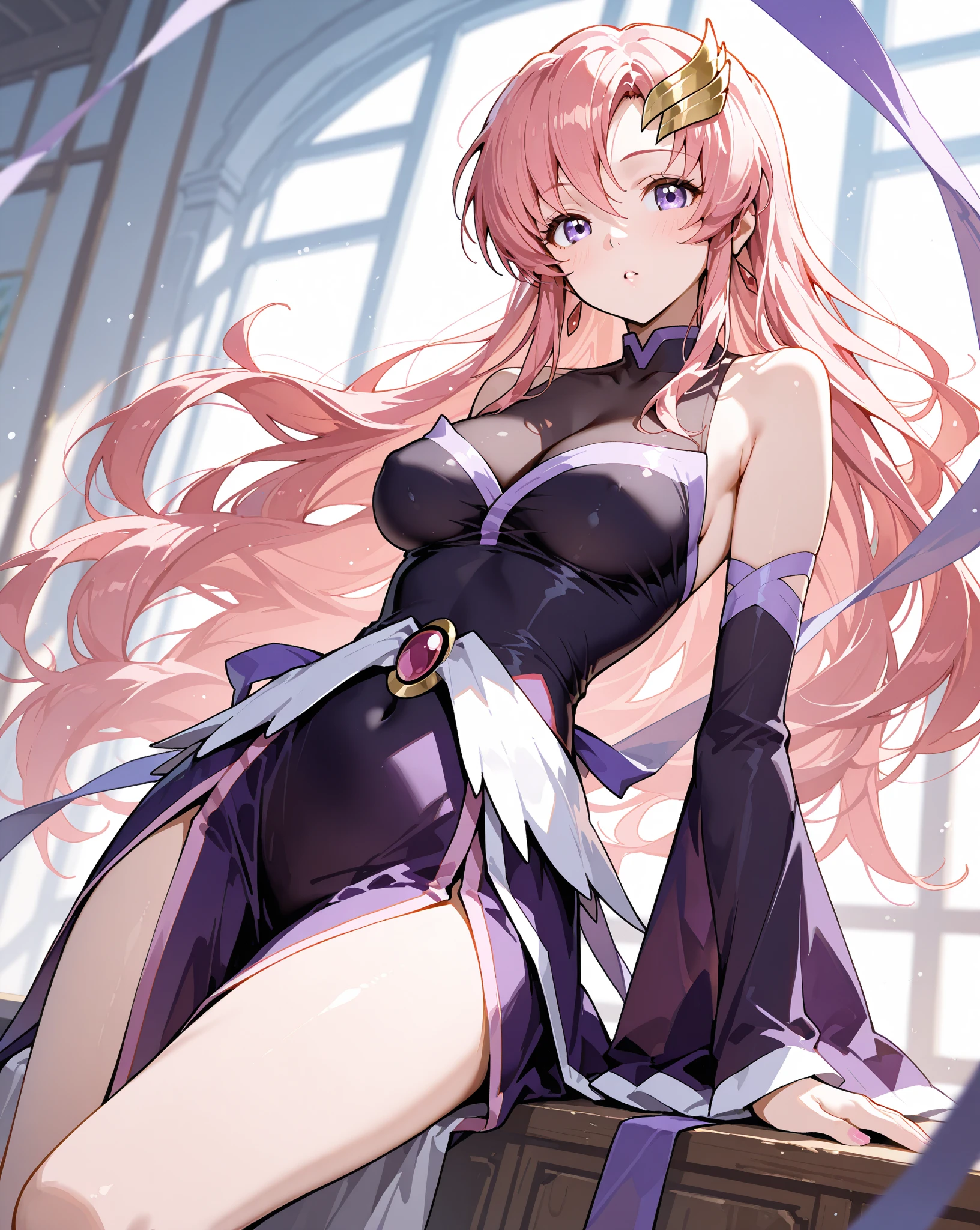 pink long hair, bunny ears, suitbunny, white leotard, cleavage, (purple pantyhose:1.3), white gloves, long sleeves,