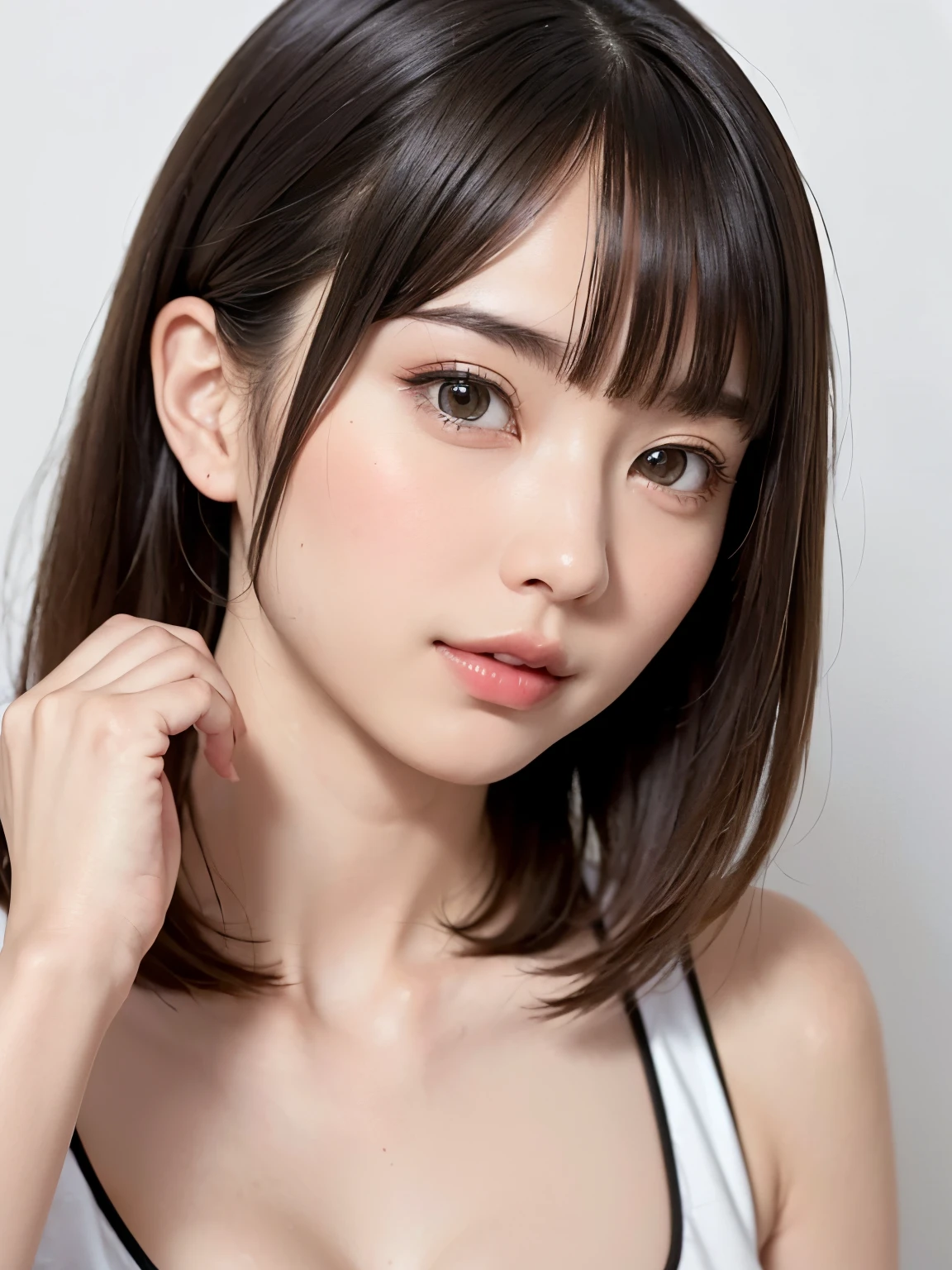 Highest quality, Realistic, 8k, High resolution, One girl, woman, (Skin Dentition), (Portraiture:0.6), nice, ((White Background, Sports tank top, Small breasts:1.72)), ((Short Straight Hair, Parted bangs:1.7)), View your viewers, (One girl eyes View your viewers:1.6), Realistic, (Bokeh), (smile, Mouth closed:1.3), nice, Pure Eros Face_v1:1,