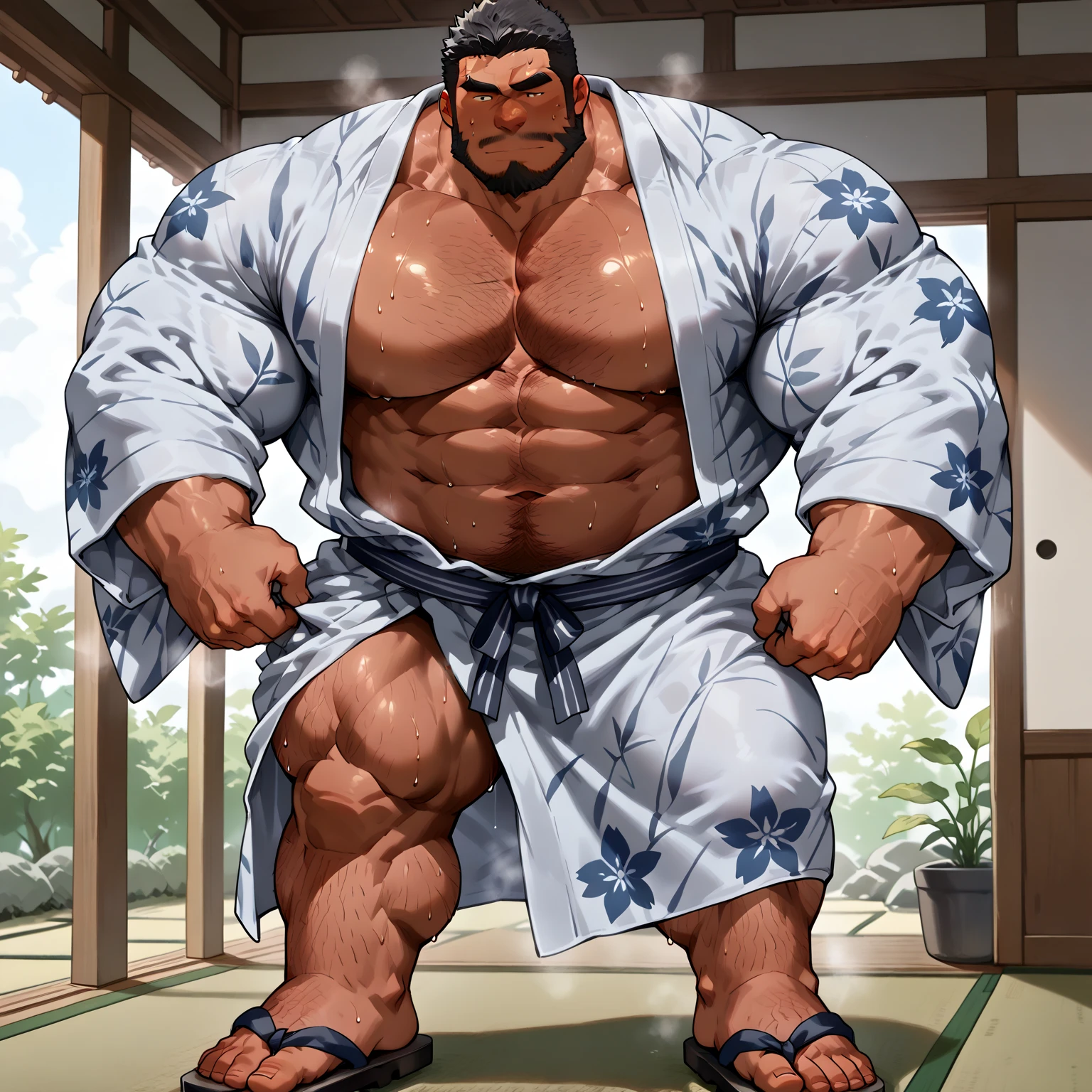 masterpiece, best quality), best resolution, yamato, red oni horns, earrings, hair stick, bare shoulders, japanese clothes, kimono, rope, sleeveless kimono, shimenawa, high ponytail, extreme muscular body, full body.