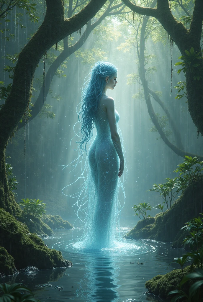"A scene depicting a transparent human figure formed by water splashes. The figure is in a graceful pose, with their long hair made of flowing water droplets and streams, cascading down their back. The background features a blurred, natural setting with soft light filtering through trees, creating a mystical and ethereal atmosphere. The (  )’s body and hair are almost invisible except for the shimmering water that outlines their shape, adding a ghostly and enchanting effect."