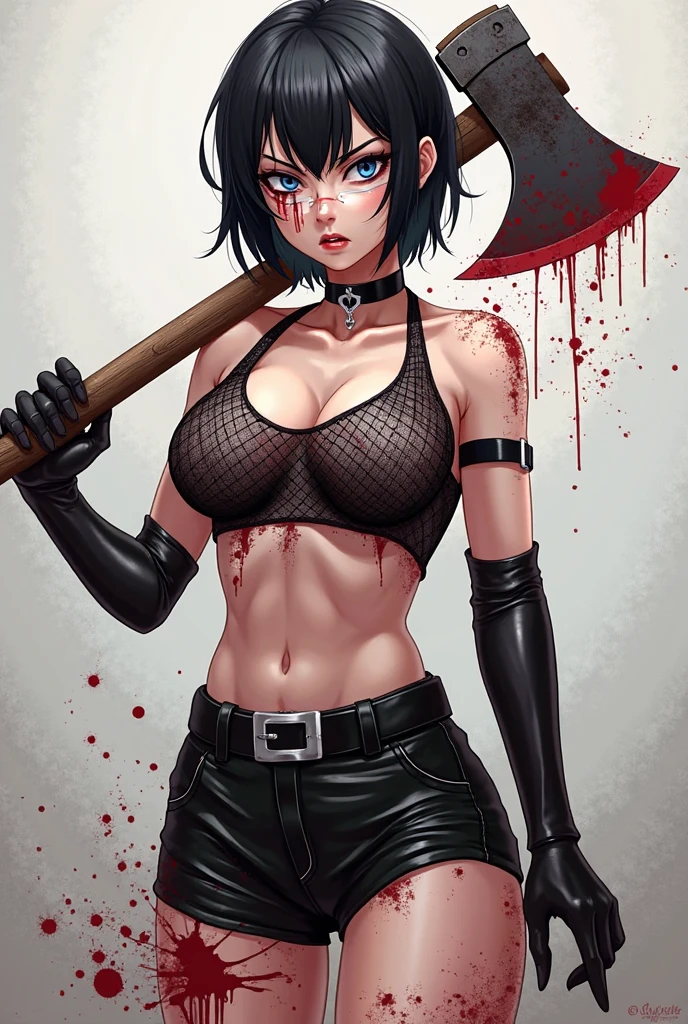 a woman with short black hair, hair on shoulders, wearing a black cropped and plaid skirt, blue eyes, zombie art, gothic art, cute aesthetic with vibe, toon aesthetic, wearing red costume, wearing gothic accessories, look like Cassie Hack, whole body, holding a skull in his hand, horror background (zombies, blood)