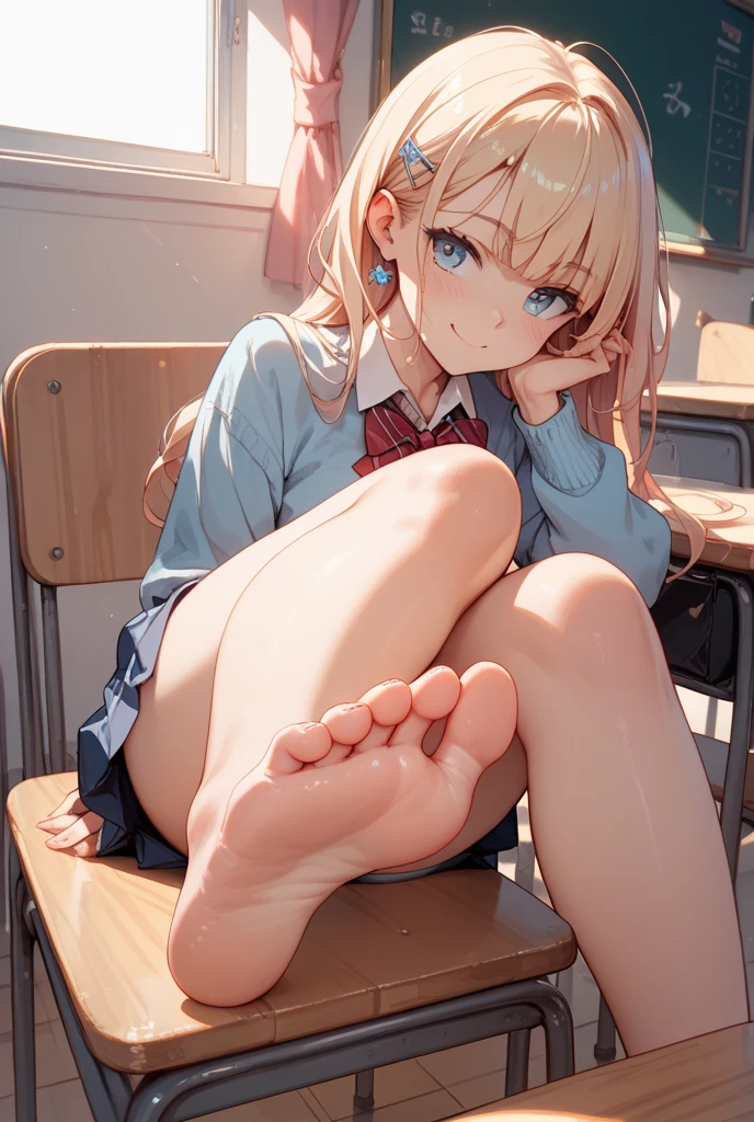 (Masterpiece:1.2, Best quality), (Real picture, Intricate details), 1lady, Solo, Sitting down, show legs, expose feet, Show the sole, Long hair, minimal makeup, Natural fabrics, close-up face, Fake smile, mischievous face, Bare feet, Feet in front of the camera, Long light platinum blonde hair, bangs, Korean bangs, Bangs on the forehead, Green eyes, school uniform, School T-shirts, school skirt, Pleated skirt, Big breasts, to the, Mature body, Mature face, Detailed face, Correct foot anatomy, Foot anatomy, Sexy feet, Feet pointing to the audience, Foot, A sole, Detailed feet, Correct foot anatomy, A sole, Sitting down.