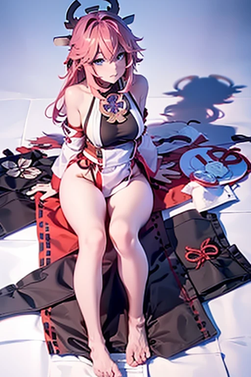 UHD, ccurate, masterpiece, anatomically correct, textured skin, super detail, best quality, 16k, 1080P,SOLO,(1 Female,perfect body,pink hair),(wearing A loose white and red Kimono Bikini)(Silk Stockings:1.4),(Golden headwear:1.7),(Spreading her legs as wide as possible:1.7)(Legs lift),(Lying on the bed:1.7)(The Japanese Classic Bedroom),(hands behind her head:1.7),(sweating skin:1.7)