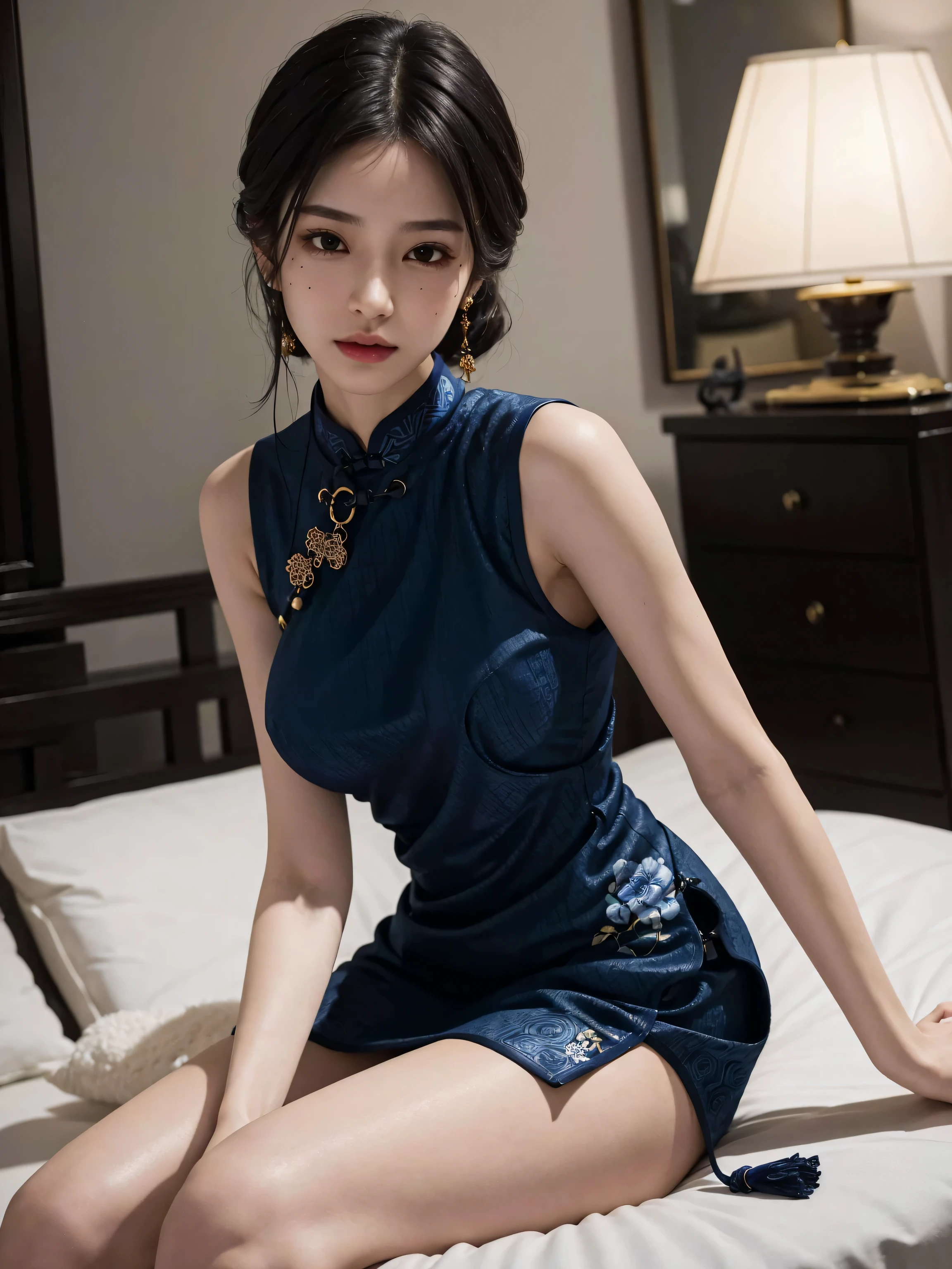 full body shot, absurdres, RAW photo, extremely delicate and beautiful, masterpiece, Best Quality, ultra high resolution, 32k, hyper realistic, ultra-detailed, Very detailed CG 8k wallpaper, detailed background, landscape, Beautiful Lighting, Perfect Lightning, Realistic Shadows, perfect anatomy, anatomically correct, ideal ratio body proportions, perfect figure, Perfect Style, Perfect balance, super Detailed skin, in her 10s, very Slim body, narrow waist, very small head, very small face, delicate facial features, handsome detailed woman, very detailed eyes and face, realistic face proportions, Realistic beautiful face, Realistic beautiful eyes, tearful mole, earring, very huge round tits, medium hair, asymmetrical hair, wavy hair, (navy cheongsam), bare legs, bare knee,