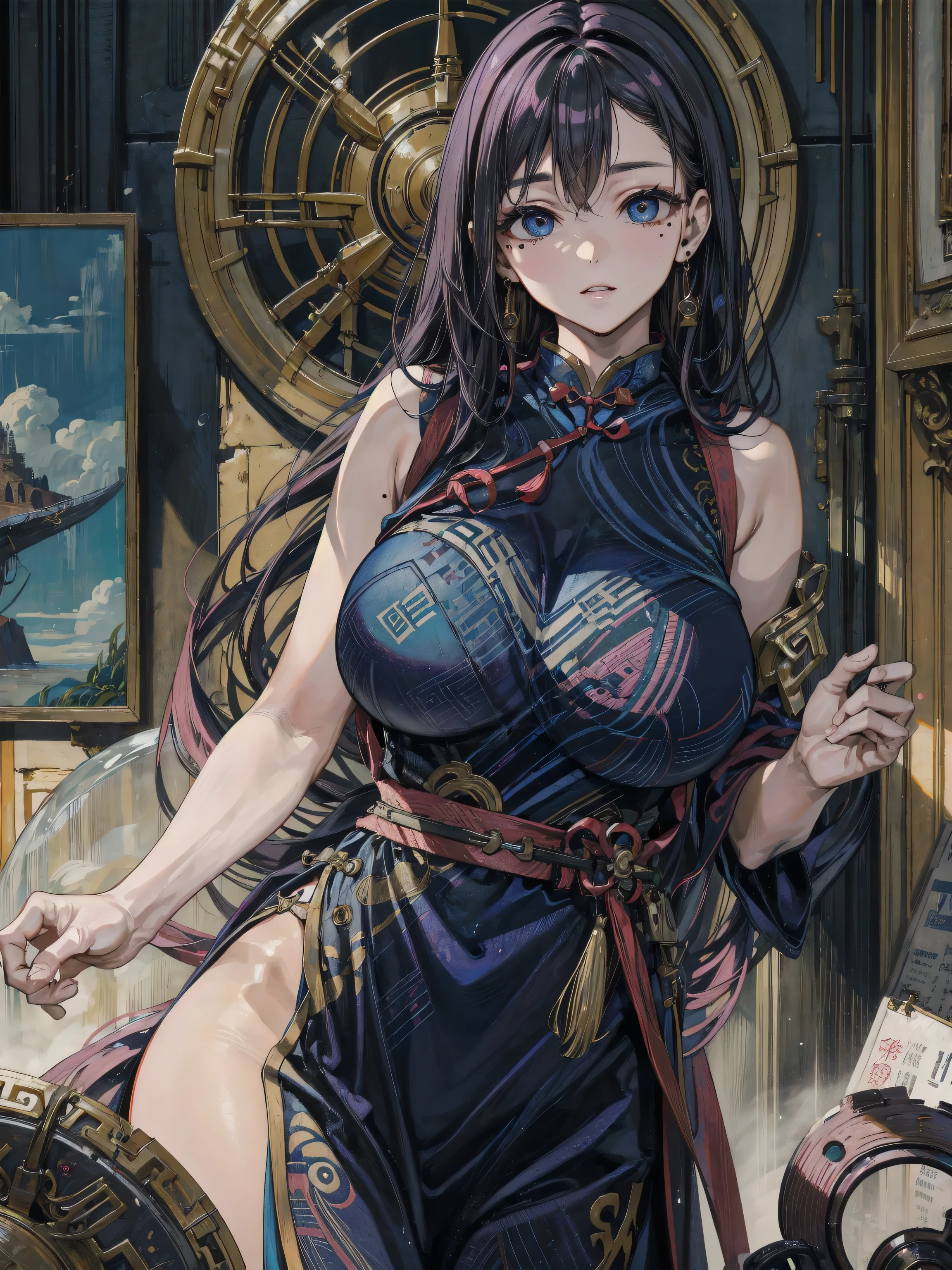 absurdres, RAW photo, extremely delicate and beautiful, masterpiece, Best Quality, ultra high resolution, 32k, hyperrealistic, ultra-detailed, detailed background, landscape, perfect anatomy, anatomically correct, perfect figure, Perfect Style, Perfect balance, super Detailed skin, in her 30s, very Slim body, narrow waist, very small head, very small face, delicate facial features, handsome detailed woman, very detailed eyes and face, realistic face proportions, Realistic beautiful face, Realistic beautiful eyes, tearful mole, earring, very huge round tits, full body shot, medium hair, asymmetrical hair, indoor, cyberpunk, samurai clothes, katanas, kimono,