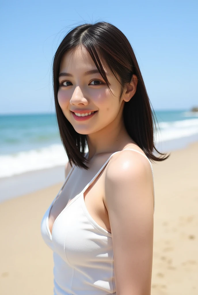 In detail, High resolution, high quality、Perfect dynamic composition, Beautiful attention to detail, Medium Hair, nature 、Natural color lip, (((Exposed outside)))、Cute Smile、Dazzling Sun、Clear Skin、Shiny Hair、Sea of Miyakojima、(((Hand Good)))、((naked))