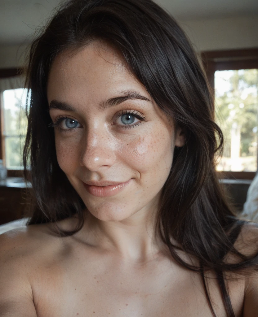 Instagram Selfie , A beautiful 23 year old woman , full body naked, slightly-smile , face and eyes detailed skin , natural lighting , in house , long hair, Film grain, low-contrast, face natural , freckles , Bblack hair , blue colored eyes, dark circles under his eyes