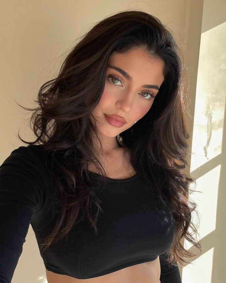 1 girl next door with black hair, Mix out of 10% Miley Cyrus and 90% Monica Bellucci, 172cm height, 68kg weight, soft curly intense red hair, clear real green eyes, long dark black real lashes, perfectly shaped dark black real eyebrows, dark caramel tanned real skin, slim and well-defined body, curvy body, elegant thin real nose, small real ears, full real lips, white real teeth, small soft ladylike real hands, painted fingernails, wearing black hoody and long black pants