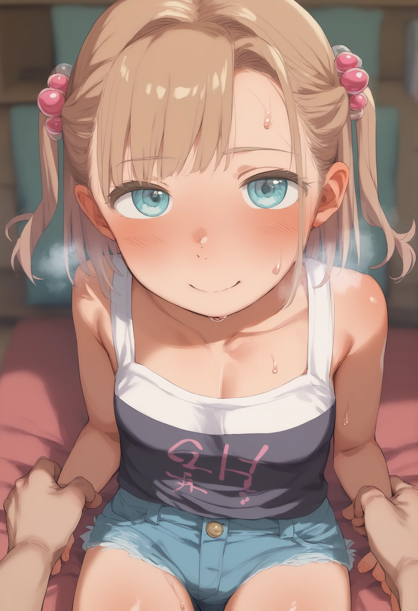girl 1 person 、solo、、steaming body、Partially Opened Buttons、(See-through clothes that let your hair through、Sweat stains、:1.3)、Grab clothes 、underwearを掴んでいる、 pants removed、underwear、chest、large pink cotton panties that run through hair、staring at the viewer、 unworn panties 、Younger than my daughter、 Gold、two side up、Short hair、hair ornament、cute、大きなchest、short、small、I'm slender 、black tank top、 denim micro skirt with ankle strap 、female 、smile、staring at the viewer、、masterpiece、最High Quality、High Quality、very aesthetic、absurd、newest、cinematic writing、bedroom、