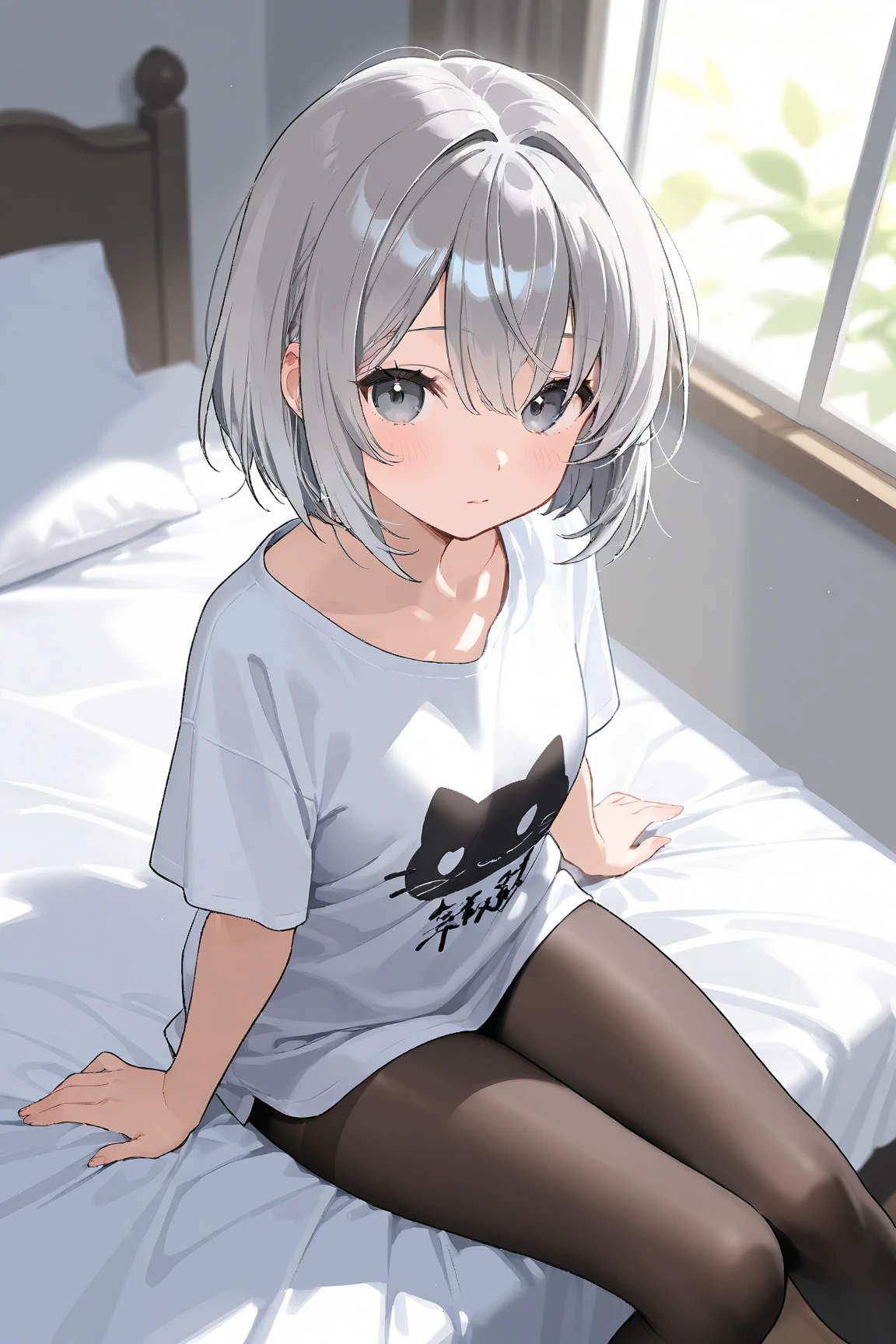 photore,best qualtiy,tmasterpiece,Kizi,White hair,short detailed hair,cat ear,tilts your head,is shy,adolable,Flush,Loose clothes,Manteau blanc,Natural stay,Lori huge breasts cleavage,astonishment,exquisite face,multiple persons,having fun,Cat tail,Crush on me,I have a crush on her,My tablemate,Short stature,Small chest,in her room,duck sitting