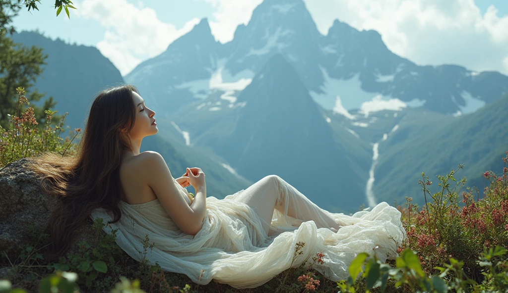 <(masterpiece, realistic:1.3), (extremely intricate:1.2)>, (wallpaper), (best quality), (extremely detailed), (illustration),
(1girl:1.2), (solo), full body, floating hair, hair ornament, makeup, dramatic angle, panorama, looking at viewer,
peach_blossom, tree, cloud, mountain, lake, (floating petal)