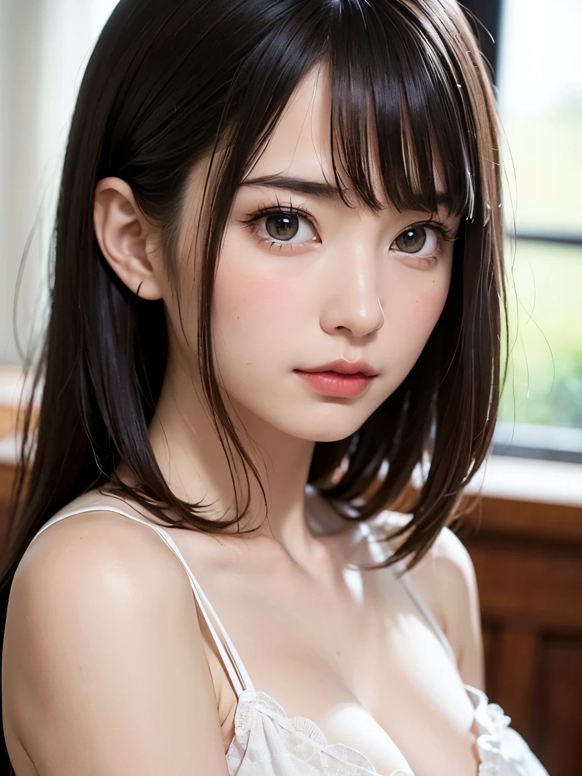 (1 nogizaka girl,raw photo,photo realistic:1.5),(best quality, high quality,HDR, highest quality,ultra high resolution,high resolution,high res,ultra high difinition,huge file size,8K,2K wallpaper,8K wallpaper,high quality texture,amazing,an extremely delicate:1.4),one girl, Japanese famous idol,beautiful face,small face,absurd,ridiculous,incredibly ridiculous,blurry background,(cleavage,no makeup:1.2),medium skin,beautiful skin,detailed skin,six heads tall,black hair,silky hair,(Japanese eyes:1.3),detailed eyes,black eyes,Japanese idol eyes,triangle eyes,Japanese nose,5-fingers,(Light Particles, Lens Flare, Luminous Particles: 0.7),looking at viewer,bright lighting,professional lighting,girl