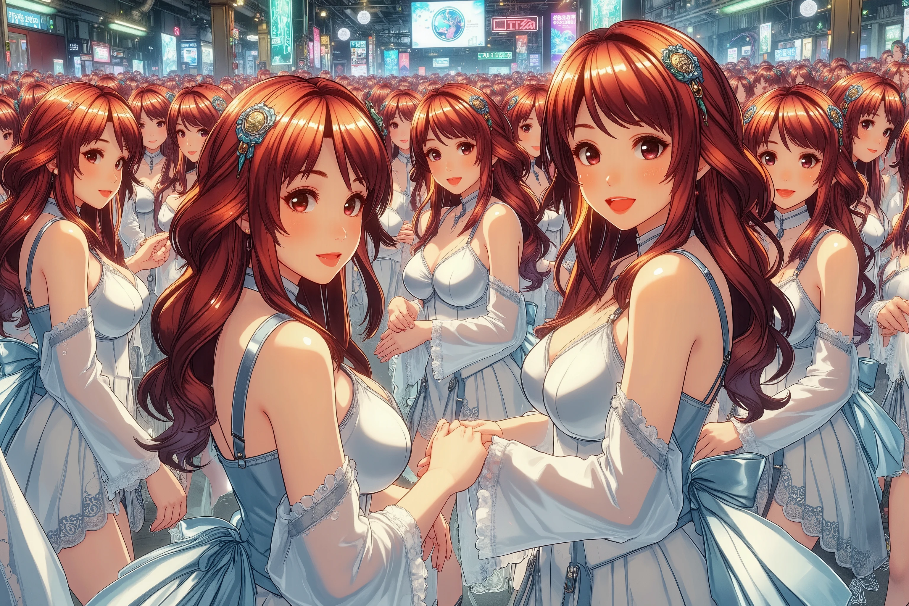 (((Myself=Japanese Beautiful Super Clones multiply girls))), (((((Myself OnlyのSuper Clones multiply girlsが大量増殖して超大群衆のMyself OnlyのSuper Clones multiply girlsと熱愛や溺愛してラブ抱擁した描写, Myself OnlyのSuper Clones multiply girlsはMyself OnlyのSuper Clones multiply girlsと淫乱中))))), (((high quality Animation Art))), (Super Best masterpiece, 16K, 最高画質, 超高解像度, 超最高の作品完成度), (((茜色の髪, 超とてもカワイイ笑顔, 嬉しい表情))), (((((とても美しく繊細で正確な女体の動き, とても正確で違和感ゼロの手や足の緻密な動き, 超巨乳, 胸の谷間強調))))), (((春服のカジュアル衣装))), (とても詳細で正確な１点透視図法描写, 超広角視界, Super wide view, 多彩なカメラアングル描写, ど真ん中被写体要らない),