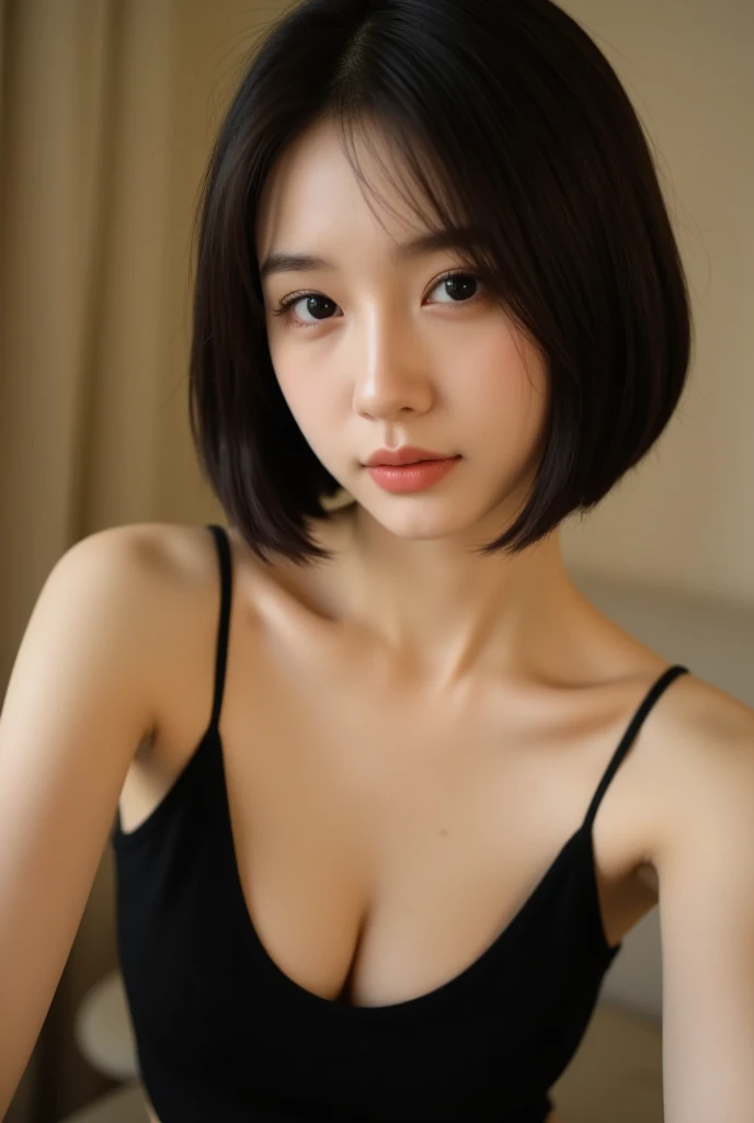 photorealistic, Photography ,BREAK, short hair woman, sitting on the bed , taking a (selfie:1.5), (black T-shirts), in bedroom , white background, (short hair), BREAK, 8k , LAW , best-quality, masterpiece, hyper realistic detail shiny skin , natural shading , realistic shadow, BREAK (hyper realistic detail shiny skin, detailed skin, detailed hair, ultra sharpness, intricate details), perfect anatomy