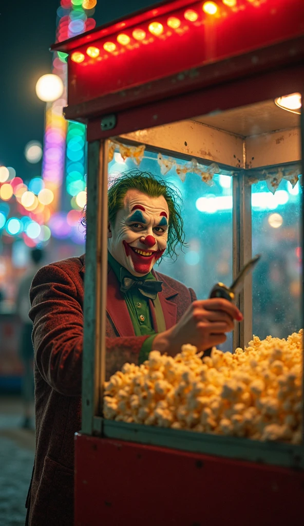 Depict The Joker behind a grocery store checkout counter, scanning items with a mischievous grin. He is rearranging products chaotically, with some items like bananas in the cereal aisle. The store looks bright and ordinary, contrasting with The Joker's chaotic energy.