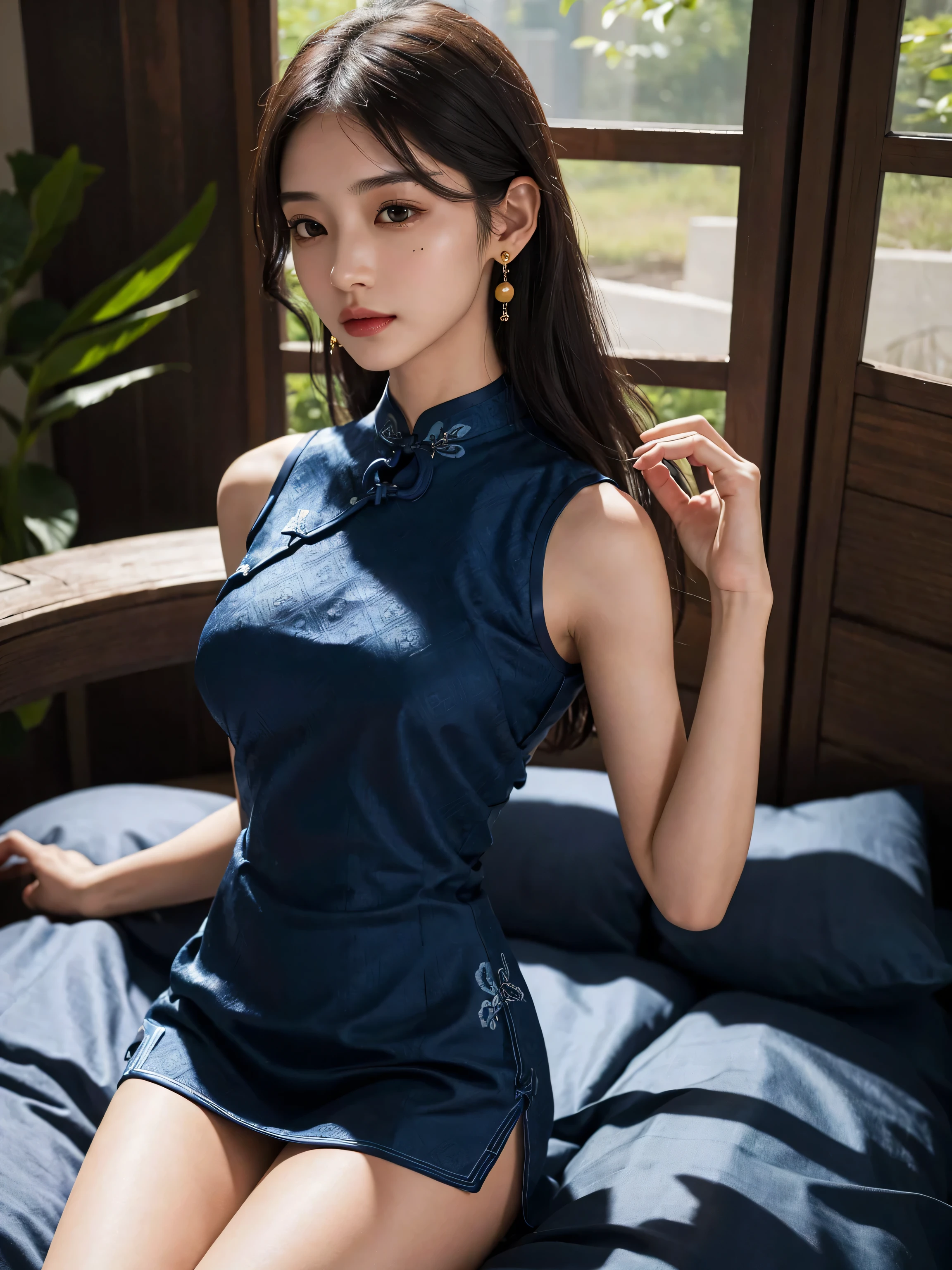 kneeling on the bed、Wearing a blue cheongsam、Nipples are visible、Blonde、Bun Hair
