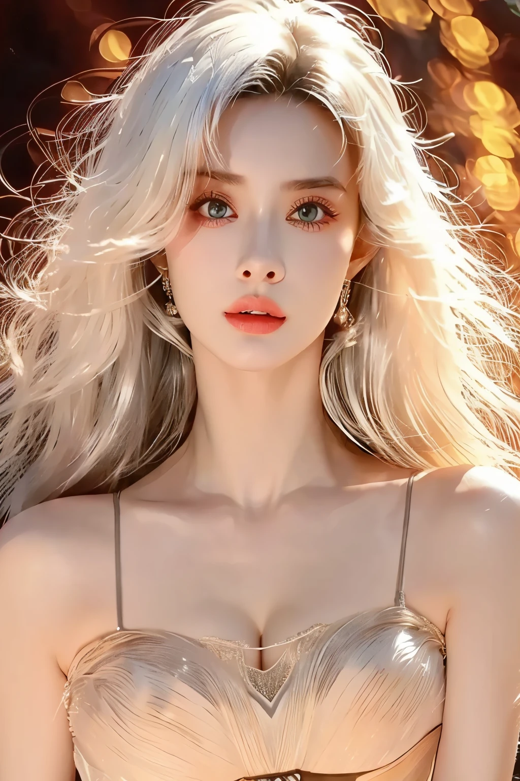 Beautiful Woman with Perfect Body:1.4,Layered Hairstyle,prominent cleavage:1.2,highly detailed facial and skin textures,Double eyelids,Skin Whitening,has white hair,Half-length portrait