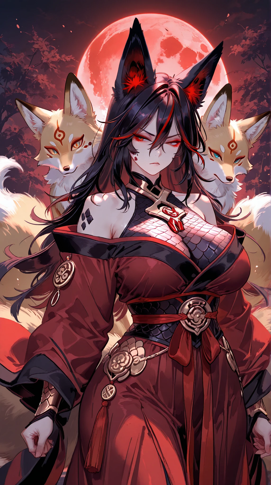 nine tailed girl, blue and green eyes, corpulent, full lips, long bluish black hair, black wolf ears, black white and red shoulder-to-shoulder yukata kimono.