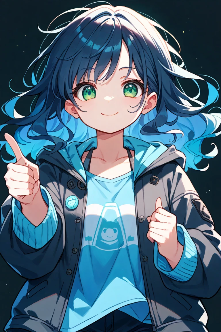 cute chibi girl, short dark blue wavy hair, big round green eyes, wearing a dark gray jacket, a light blue shirt with a small ribbon under the jacket, cheerful expression, pointing with index finger, simple background, vibrant colors, smooth lines, digital art,