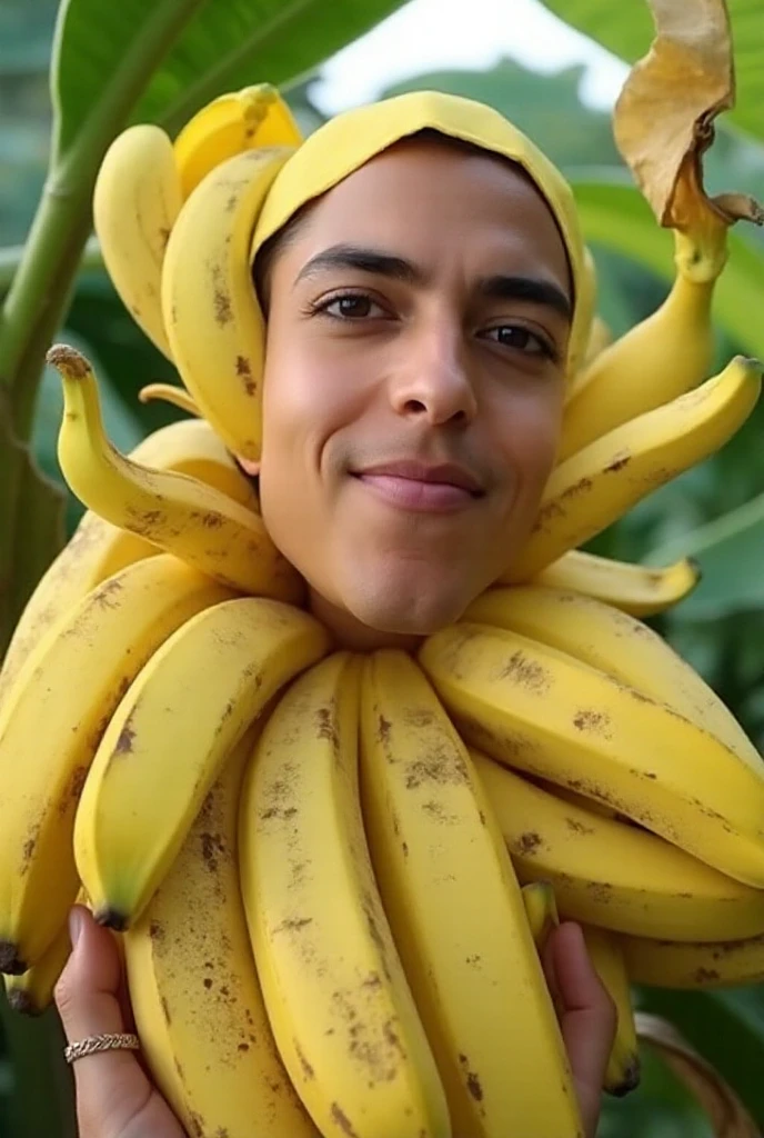 one girl naked under the tree,no clothes on her body,standing with semen coming out of her genitals,The tree behind him holds many bananas,He has a big banana in his hand