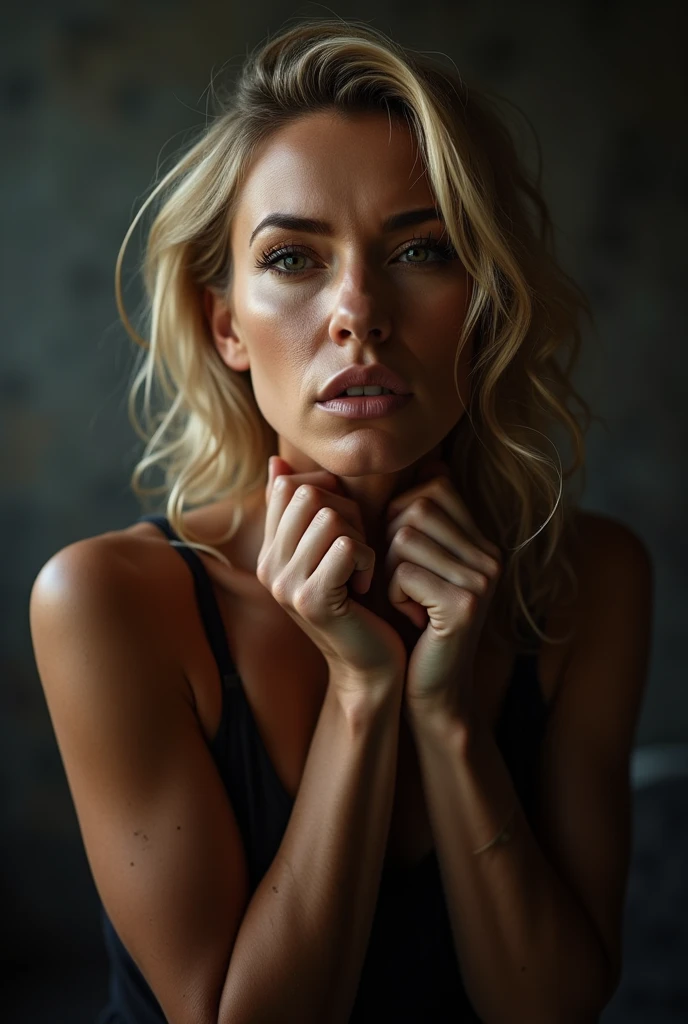Portrait of beautiful slim swedish 35 years old woman. Beautiful blonde woman. (Two Hands over the table). Tanned skin. short blond wavy hair. Looking seductively at camera. Leaning forward. Juicy lips, (elbows over the table squeezing her breasts), (hands on her face), halter straps tank top. (Daring Deep Cleavage). (Small round plumb breast a-cup). breasts hanging over the table. cold ambient. low light