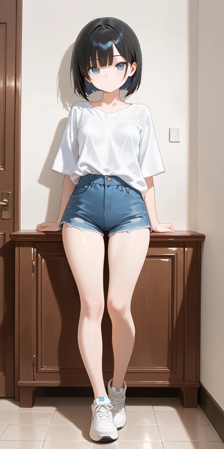 Detail image, realistic image, 1 girl. She has very short hair that has a single long strand on the right side, her hair is light pink. She has blue eyes. She wears a long sleeve shirt with garters. Denim mini shorts, cameltoe, nsfw, thong with lace. sneakers. Smiling. She has big tits, small waist, wide hips, thick legs. Full body view. Ambient light. Volumetric light,