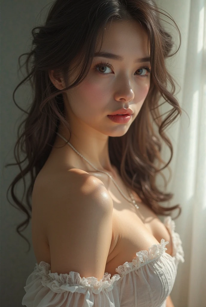 (highest quality,4k,8K,High resolution,masterpiece:1.2),Super detailed,(realistic,realistic,realistic:1.37),Slow Sports,woman,flowing long hair,Off-white iris,empty gaze,plump pink lips,White flowers bloom at the tip of my hair,elegant,medium shot,black dress.delicate long legs,big breasts,cleavage