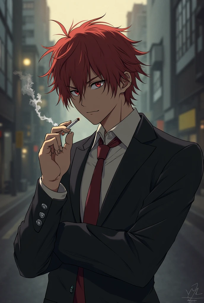 masterpiece, best quality, kijin seija, 1boy,horns,short hair,multicolored hair,red eyes, smoking cigarette, black jacket, happy, determined, bright blue sky, at the streets, black pants