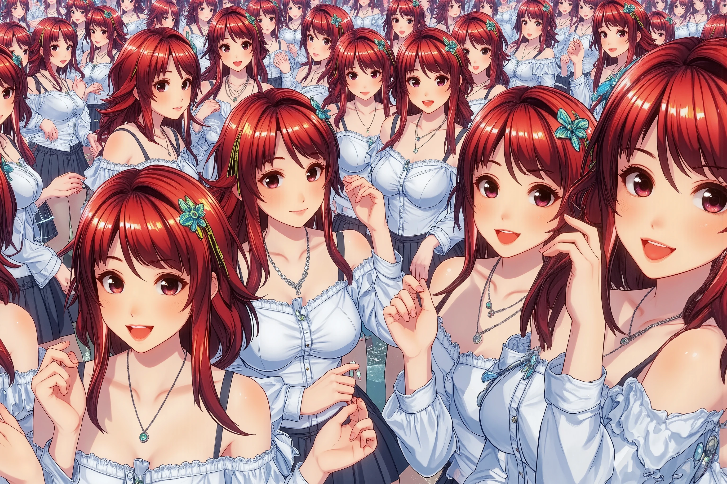 (((Myself=Japanese Beautiful Super Clones multiply girls))), (((((Myself OnlyのSuper Clones multiply girlsが大量増殖して超大群衆のMyself OnlyのSuper Clones multiply girlsと熱愛や溺愛してラブ抱擁した描写, Myself OnlyのSuper Clones multiply girlsはMyself OnlyのSuper Clones multiply girlsと淫乱中))))), (((high quality Animation Art))), (Super Best masterpiece, 16K, 最高画質, 超高解像度, 超最高の作品完成度), (((茜色の髪, 超とてもカワイイ笑顔, 嬉しい表情))), (((((とても美しく繊細で正確な女体の動き, とても正確で違和感ゼロの手や足の緻密な動き, 超巨乳, 胸の谷間強調))))), (((春服のカジュアル衣装))), (とても詳細で正確な1点透視図法描写, 超広角視界, Super wide view, 多彩なカメラアングル描写, ど真ん中被写体要らない),