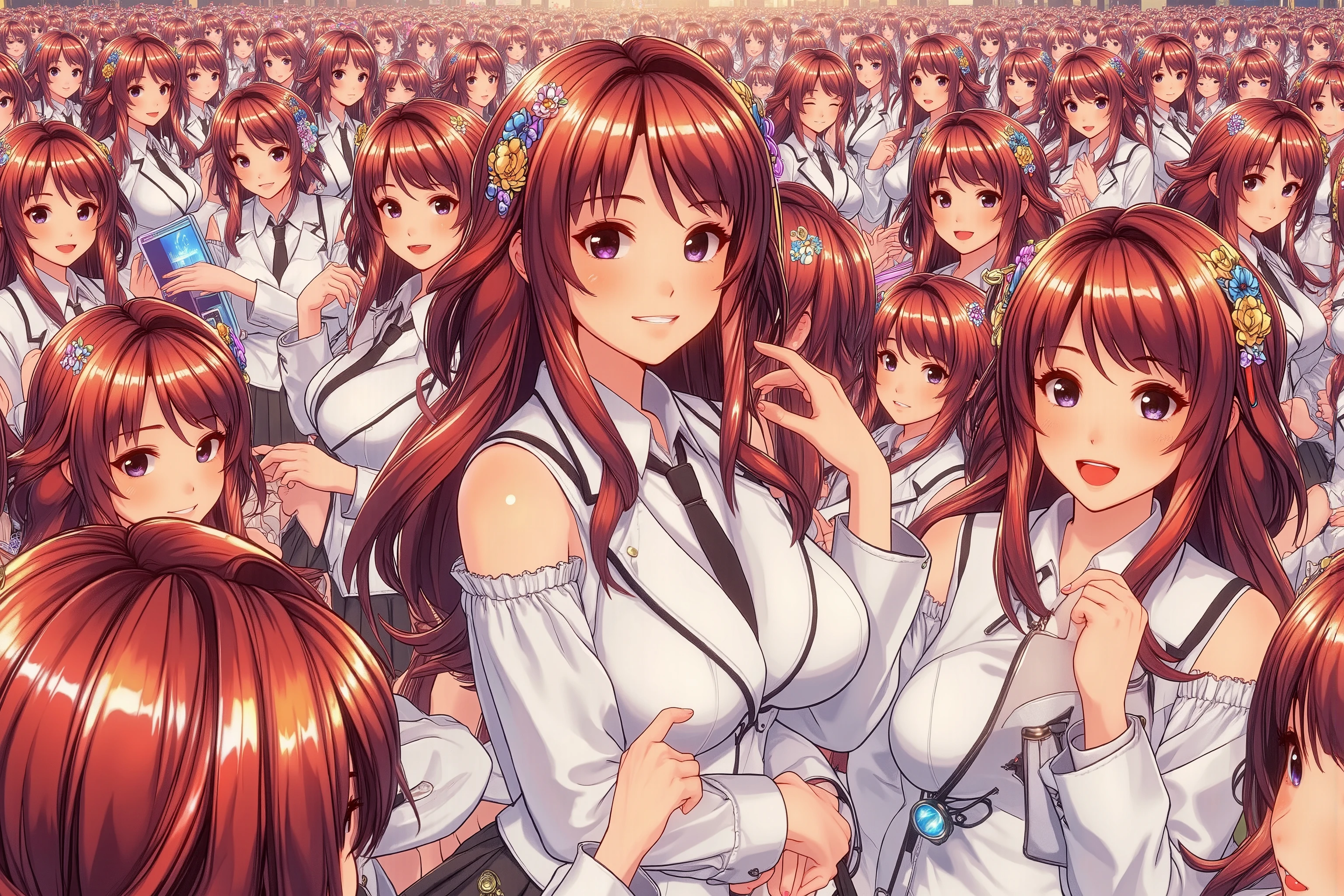 (((Myself=Japanese Beautiful Super Clones multiply girls))), (((((Myself OnlyのSuper Clones multiply girlsが大量増殖して超大群衆のMyself OnlyのSuper Clones multiply girlsと熱愛や溺愛してラブ抱擁した描写, Myself OnlyのSuper Clones multiply girlsはMyself OnlyのSuper Clones multiply girlsと淫乱中))))), (((high quality Animation Art))), (Super Best masterpiece, 16K, 最高画質, 超高解像度, 超最高の作品完成度), (((茜色の髪, 超とてもカワイイ笑顔, 嬉しい表情))), (((((とても美しく繊細で正確な女体の動き, とても正確で違和感ゼロの手や足の緻密な動き, 超巨乳, 胸の谷間強調))))), (((春服のカジュアル衣装))), (とても詳細で正確な１点透視図法描写, 超広角視界, Super wide view, 多彩なカメラアングル描写, ど真ん中被写体要らない),