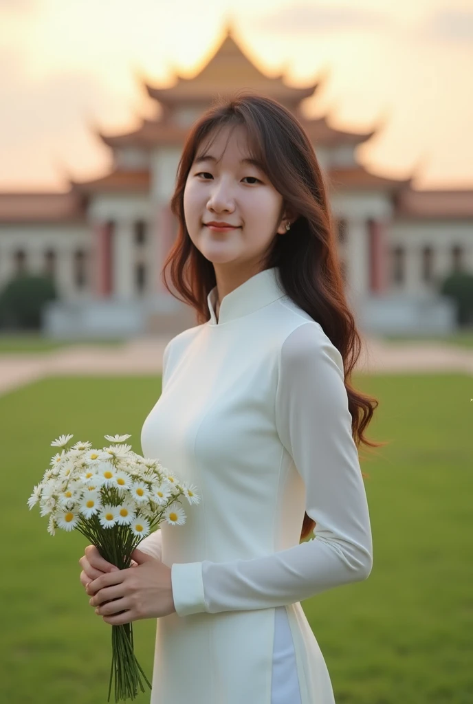 Vietnamese girl, wearing a thin white ao dai, cute face, shoulder-length hair, background is an ancient pagoda