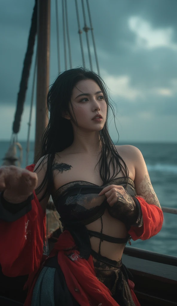 Gothic, chubby Philippine woman, 40 years old. Tattoo on face (dragon), black veil, kimono, geisha, holding sword, on an Asian pirate ship, stormy weather, black hair (long), blood splatter on face.