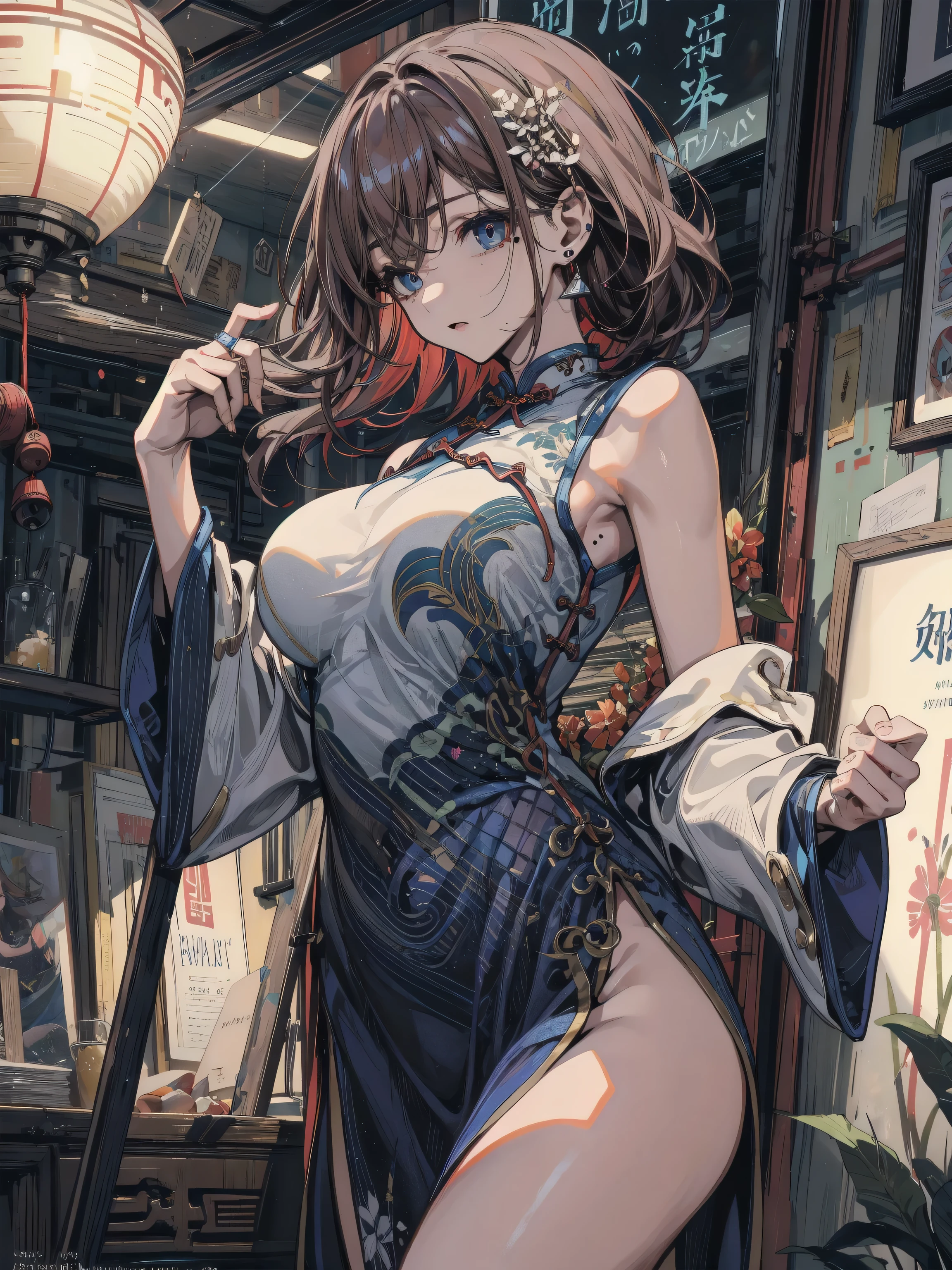best quality,4k,8k, highres, masterpiece:1.2), extremely detailed eyes, extremely detailed body, (large masterpiece digital art), (detailed manga illustration), (detailed line art), ((perfect anatomy)), (intricate details:1.3), (ultra-detailed:1.3), (illustration:1.3), (sharp focus:1.3), (natural lighting:1.05), (vivid colors:1.3), (masterpiece), best quality, expressive eyes, perfect face, 1 girl, breasts, cleavage, gloves, large breasts, traditional clothes, cerulean clothes, black hair, short hair, messy hair, dark brown eyes, hourglass physique, loose-fitting pants, fighting stance, large ass, pale skin, shrine maiden, tomboy, combat boots, cinematic lighting, dramatic atmosphere, Beautiful woman, dragon spear in hand, Jeff Bridges, ((cartoon style)), Marvel Cinematic Universe style, (((Japanese shrine in the background))), soft bokeh of Japan, Atey Ghailan, Jeremy Mann, Greg Manchess, Antonio Moro, trend in ArtStation, trend in CGSociety, Intricate, High Detail, Sharp focus, dramatic and photorealistic painting art by Midjourney and Greg Rutkowski,