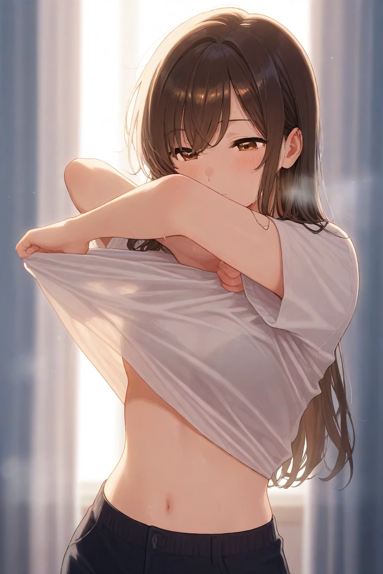 (8k、Best image quality、Highest quality、masterpiece)、Detailed face、Detailed Background, Improve、A beautiful 35 year old woman, Light Brown Hair, Long wavy hair, blunt bang, Big Tits, Big Ass, Sleeveless white blouse with collar, White long skirt, Gold Necklace, Earrings, arms up, Look down, (A tense look:1.5), (Blushing:1.4), Bedroom, Sit on the edge of the bed, Dim lighting, Watch in the right hand, from front,