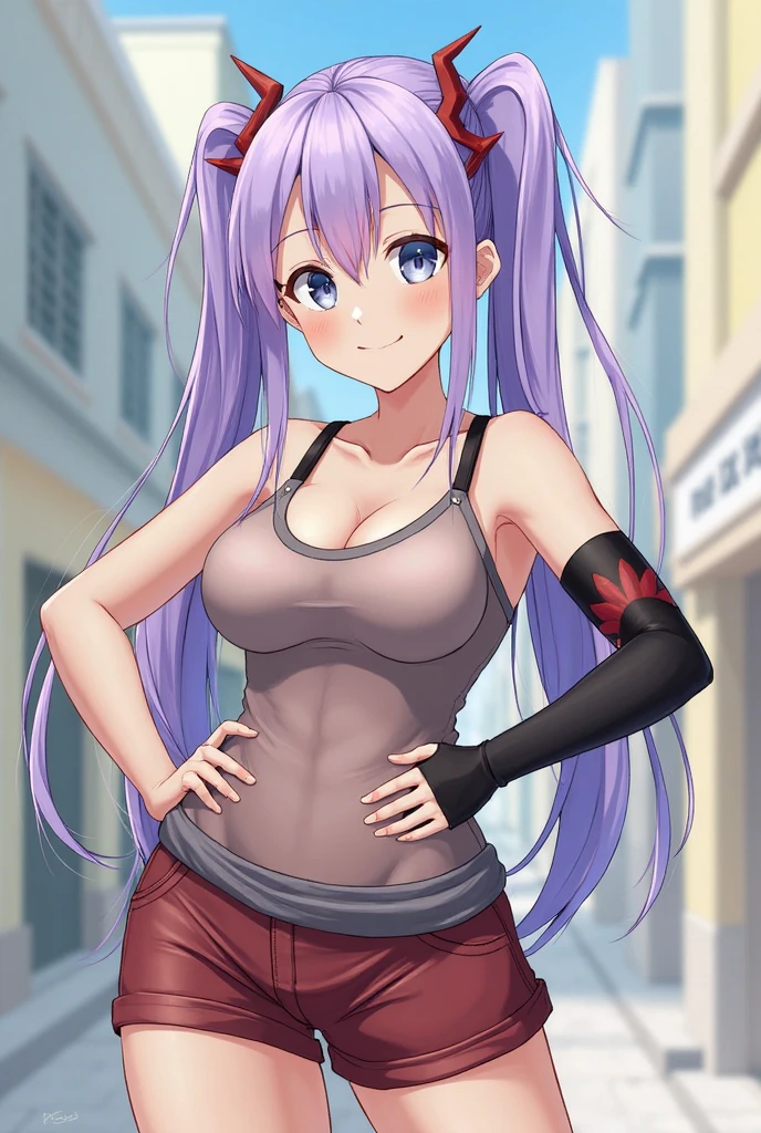 score_9、score_8_up、score_7_up、score_6_up、score_5_up、score_4_up、、solo、One girl、Purple Hair、White tank top、バギーpants、Fingerless gloves、belly button、pants、w3t、Wet tank top、Wet T-shirt、amrs behind back