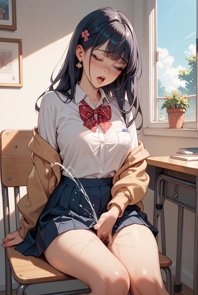 (8k、Best image quality、highest quality、masterpiece)、Detailed face、One girl、Grey Eyes、embarrassed face、((Grin))、huge breasts、((see through camisole))、((see through))、((Plaid skirt))、((open pussy))、sit、spread legs、white buggysocks、shoes、Shoot from below、sitting on the seat,in the train,Nipples,Oppai,fingering pussy,vaginal finger,hand to pussy,touch oun vagina,Exposure,pussy juice,wet pussy,cum on face,milk made braids,black hair,,lolil,glasses,