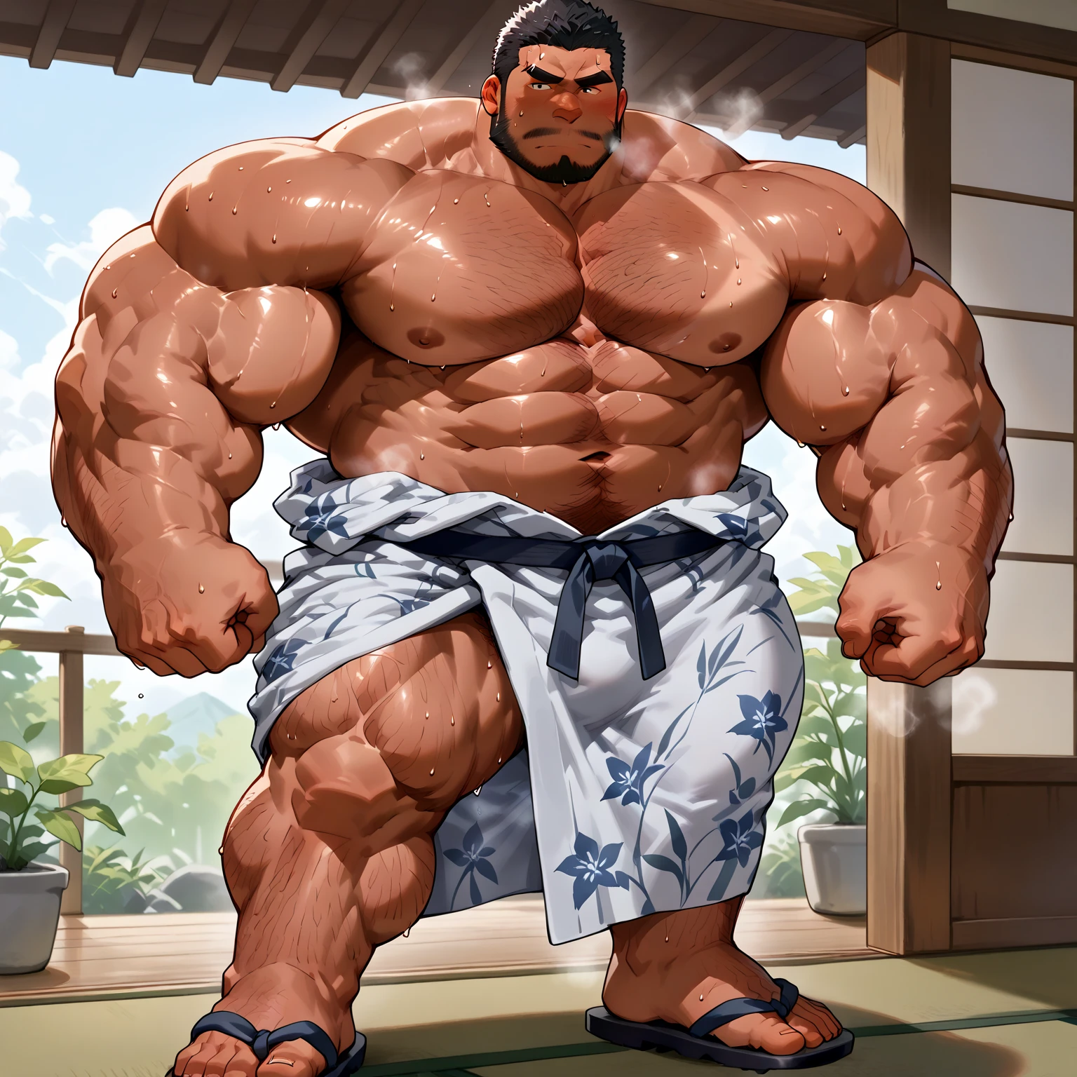 An old man soaking in an onsen, half submerged, (huge muscular), (yakuza tattoo:1.2), detailed muscles, 8k, masterpiece:1.2, hyperrealistic, white fundoshi, highly detailed full body, really big muscle, massive muscle, thick arms, wide pectoral, submerged, floating steam, rich colors, serene atmosphere, traditional Japanese setting, wooden hot spring, soft ambient lighting, wrinkled skin, tranquil expression, reflective water, peaceful relaxation