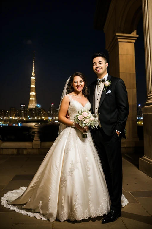 Wedding couple looking at each other with love, cielo estrellado, claridad media