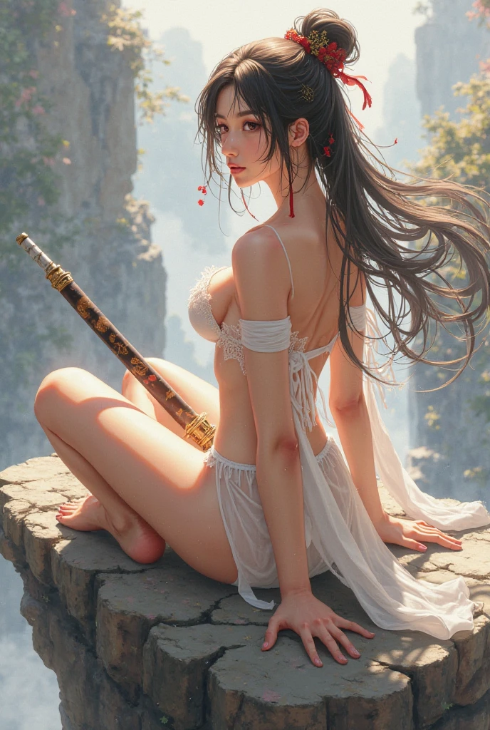 Kizi, in battle stance, standing backwards, Uma mulher vestida de lingerie vermelha segurando uma espada em frente a uma waterfall, daughter, in battle stance, standing backwards, a shiny katana (holding it by the handle), very long brown hair, blue colored eyes, big-ass, red thong with strings, white lace thigh high stockings, cinematic light, Trees, waterfall, Chinese shrine, blue sky, white clouds, seminua, breasts big, quase nua, great breasts 