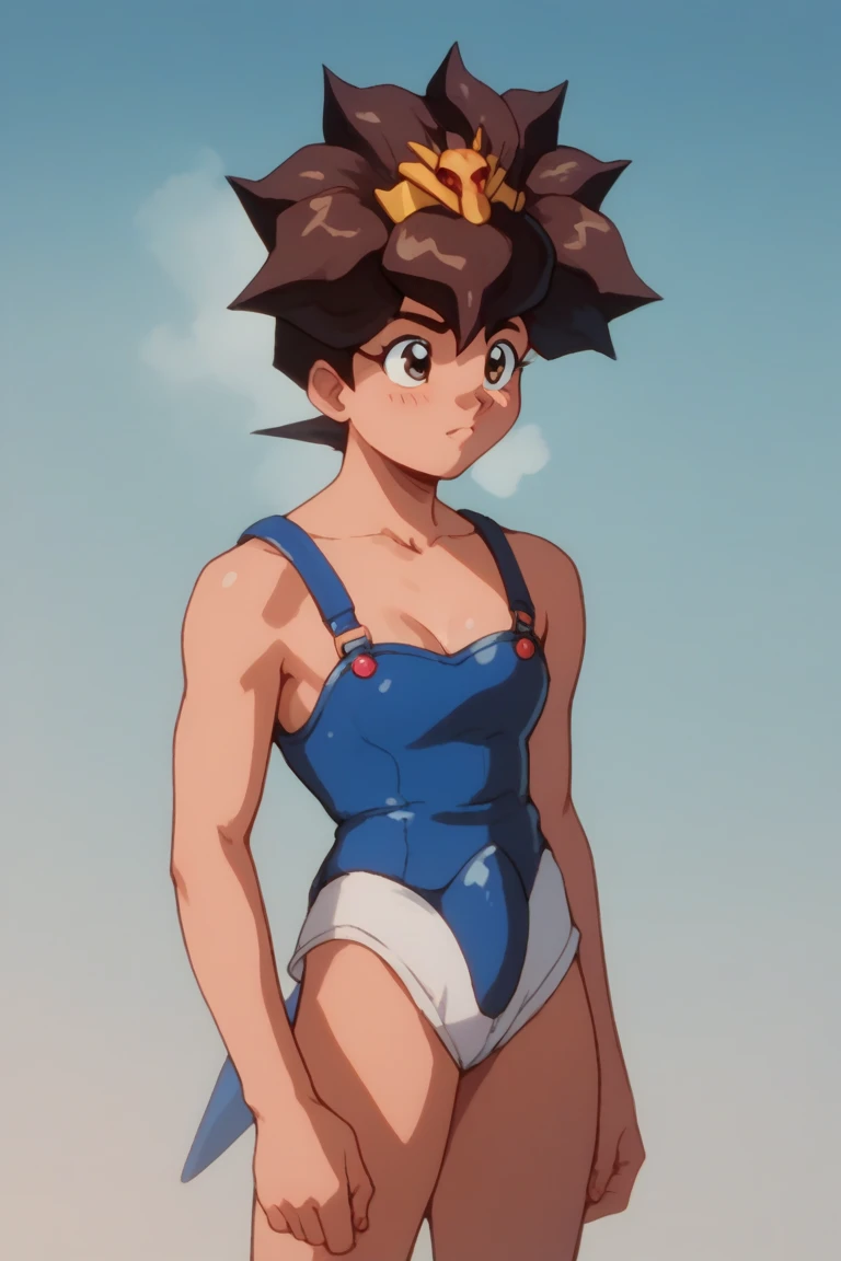 ((1girl, TendouAkane, AkaneYellowSwimsuit, white background)), upper body, anatomically correct, fixed hand, ((hands on hips)), short hair, chibi, simple background, smile, five finger hand