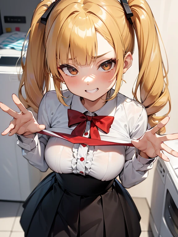 One girl,
Laundry room,washing machine, Laundry basket, a few underwears are in a Laundry basket,
Blonde, {{{Half Twin Tail:1.3}}}、break,blush, bow, 赤いbow, Long sleeve, shirt, 襟付きのshirt, skirt, プリーツskirt, 黒いskirt, Small breasts,
{{{Face close-up}}},Upper Body,,Pay attention to the panties,Quality underwear,Wet panties looking down,View your viewers,
Panties as a gift,
Tabletop, Highest quality, , Absurd, Perfect Skin, Detailed skin texture, Ultra-detailed, 8K, Intricate details, Beautifully detailed face,High resolution,
{{{Shadowed face}}}, mock, {{{Grit your teeth:1.2}}}, Grin, smile, Looking down at the viewer, masterpiece,Absurd, Beautiful detailed face when viewed from the front,