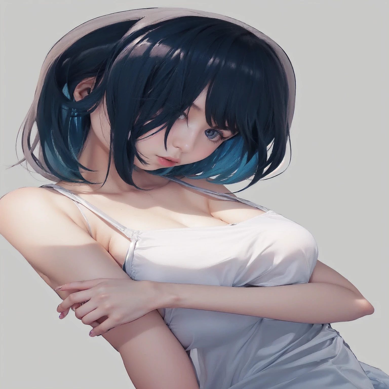 1girl, bangs, asian girl, bare shoulders, black choker, blue hair, black nails, blue eyes, blue hair, bob cut, breasts, choker, cleavage, collarbone, grey background, lips, medium breasts, nail polish, parted lips, short hair, smile, solo, tank top, upper body, white tank top